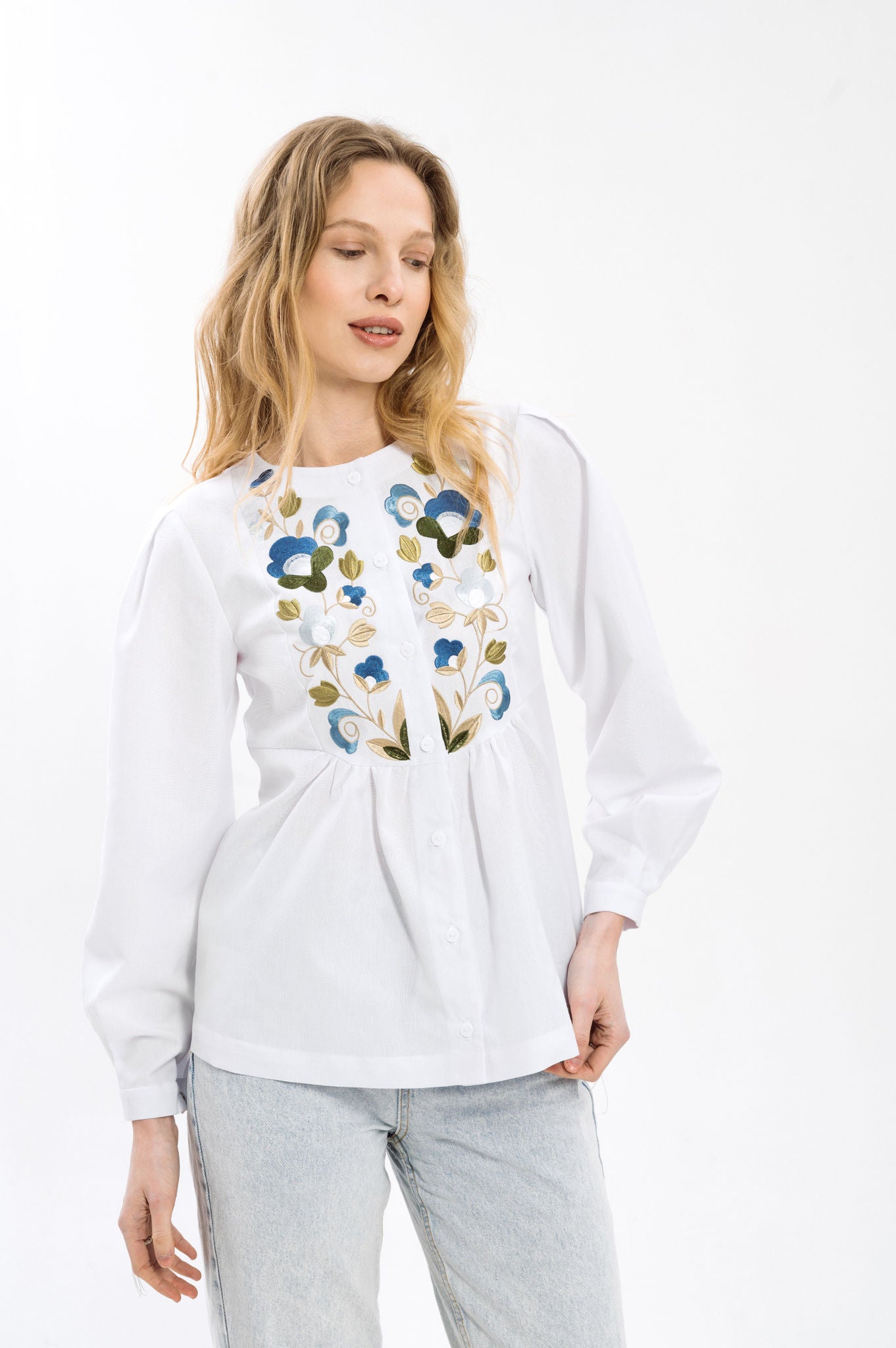 White Embroidered Shirt With An Ornament In Shades Of The Sky Ornament