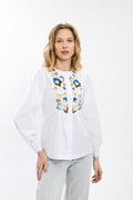 White Embroidered Shirt With An Ornament In Shades Of The Sky Ornament