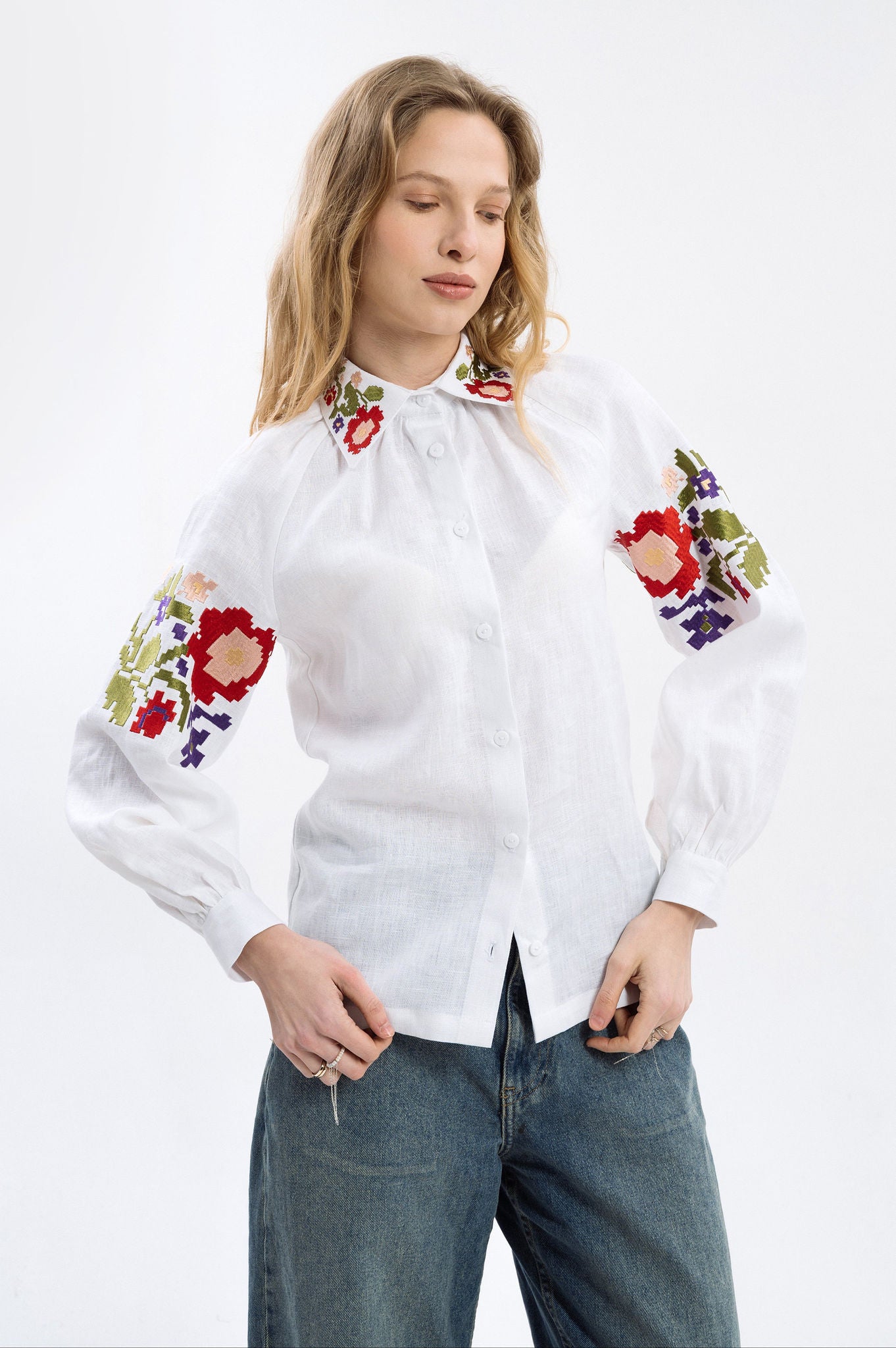 White Linen Blouse With Colorful Embroidery Ornament