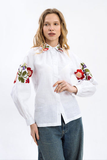 White Linen Blouse With Colorful Embroidery Ornament