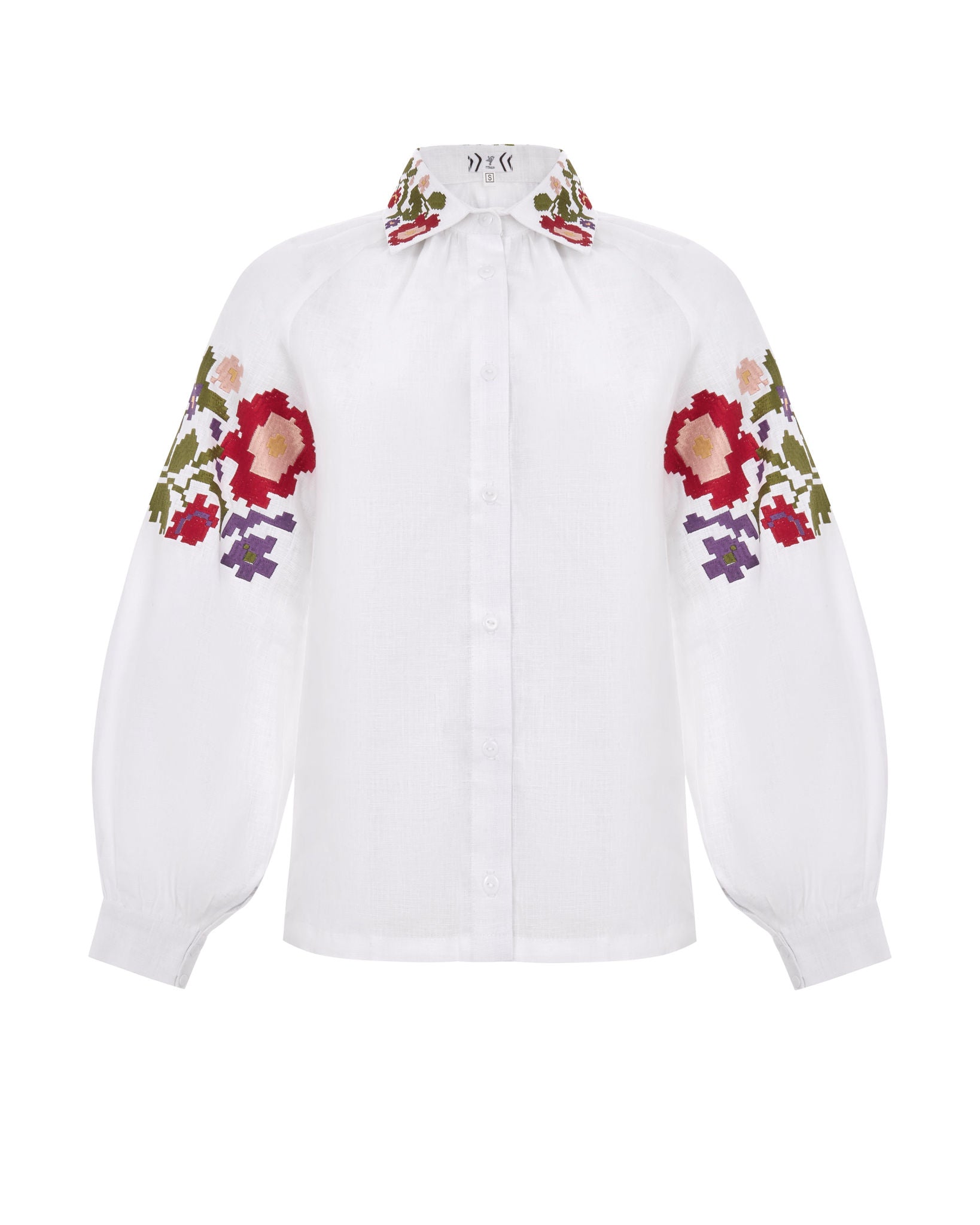 White Linen Blouse With Colorful Embroidery Ornament