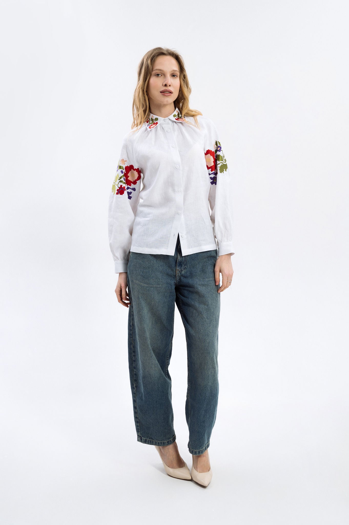 White Linen Blouse With Colorful Embroidery Ornament