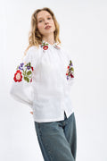 White Linen Blouse With Colorful Embroidery Ornament