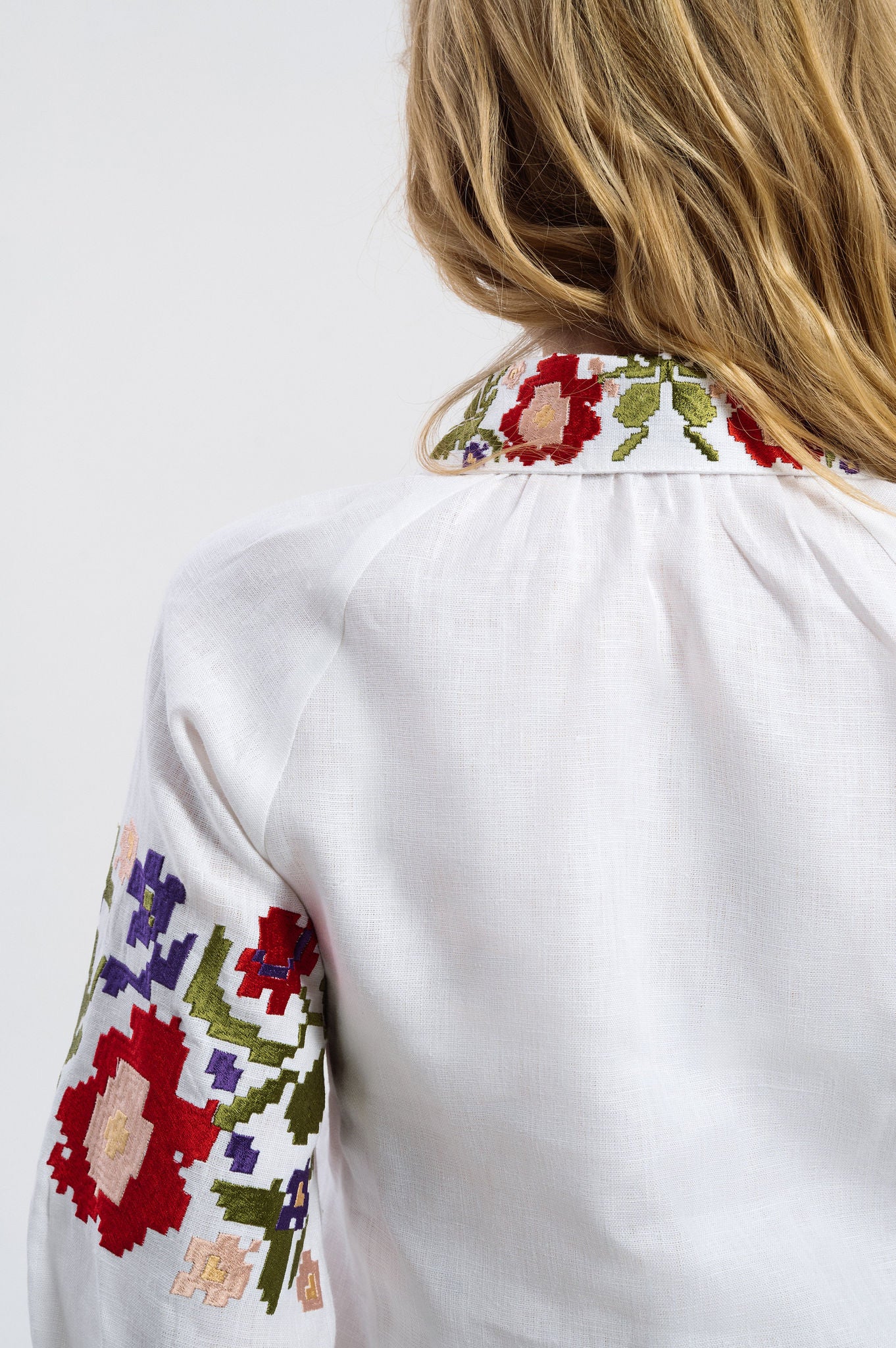 White Linen Blouse With Colorful Embroidery Ornament