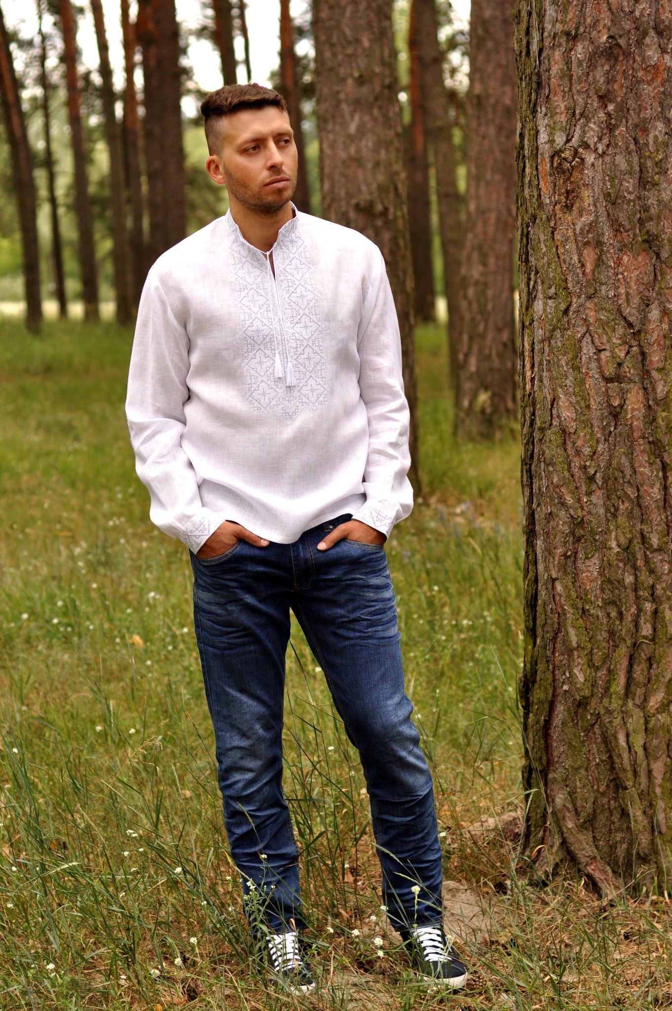 White Linen Embroidered Shirt With White-Gray Embroidery Ornament