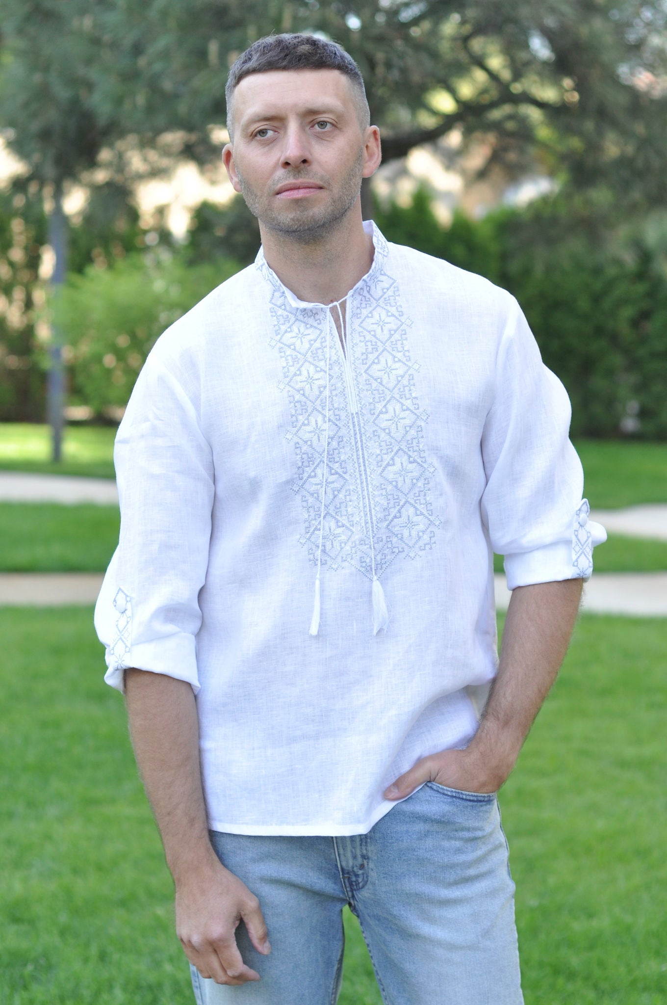 White Linen Embroidered Shirt With White-Gray Embroidery Ornament