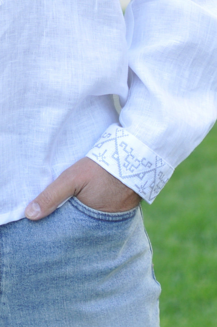 White Linen Embroidered Shirt With White-Gray Embroidery Ornament