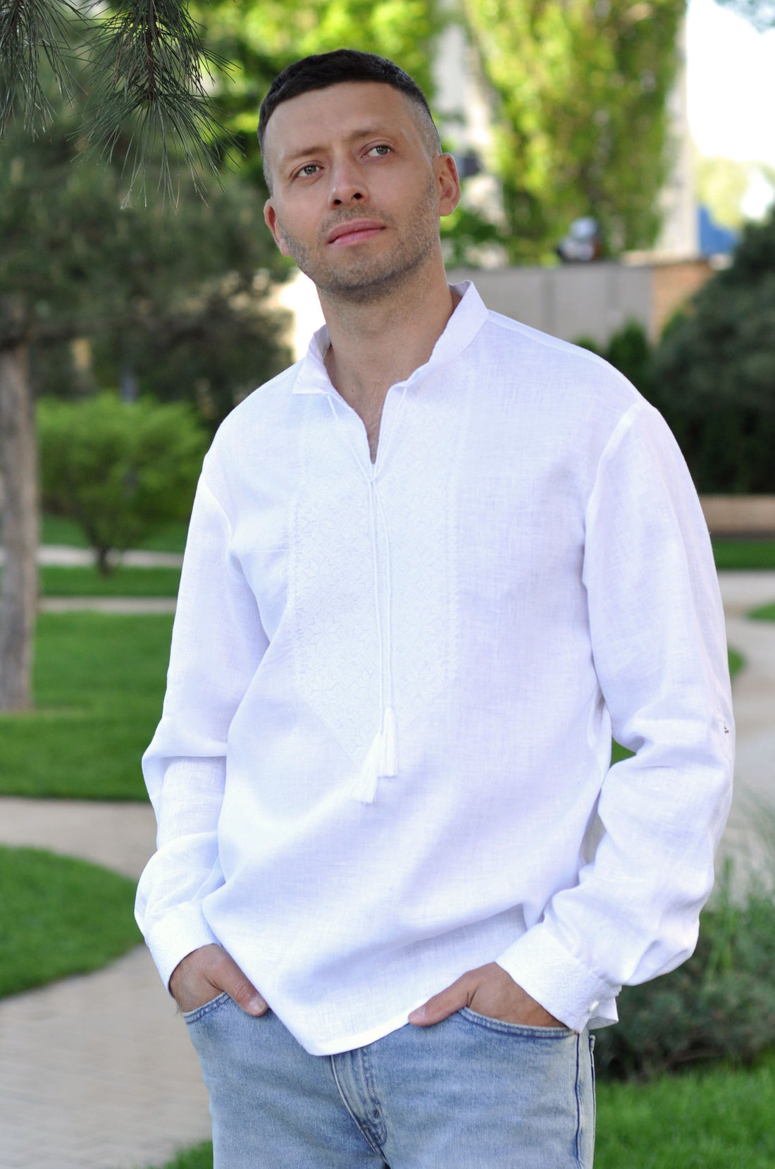 White Men's Linen Vyshyvanka with White-on-White Geometric Embroidery Ornament