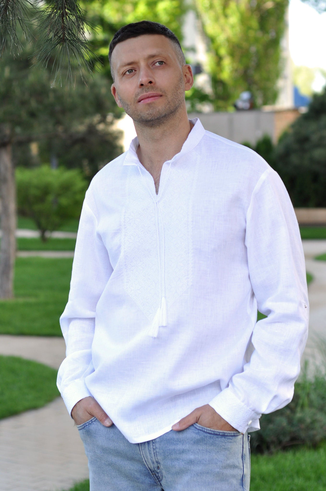 White Men's Linen Vyshyvanka with White-on-White Geometric Embroidery Ornament