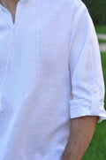 White Men's Linen Vyshyvanka with White-on-White Geometric Embroidery Ornament