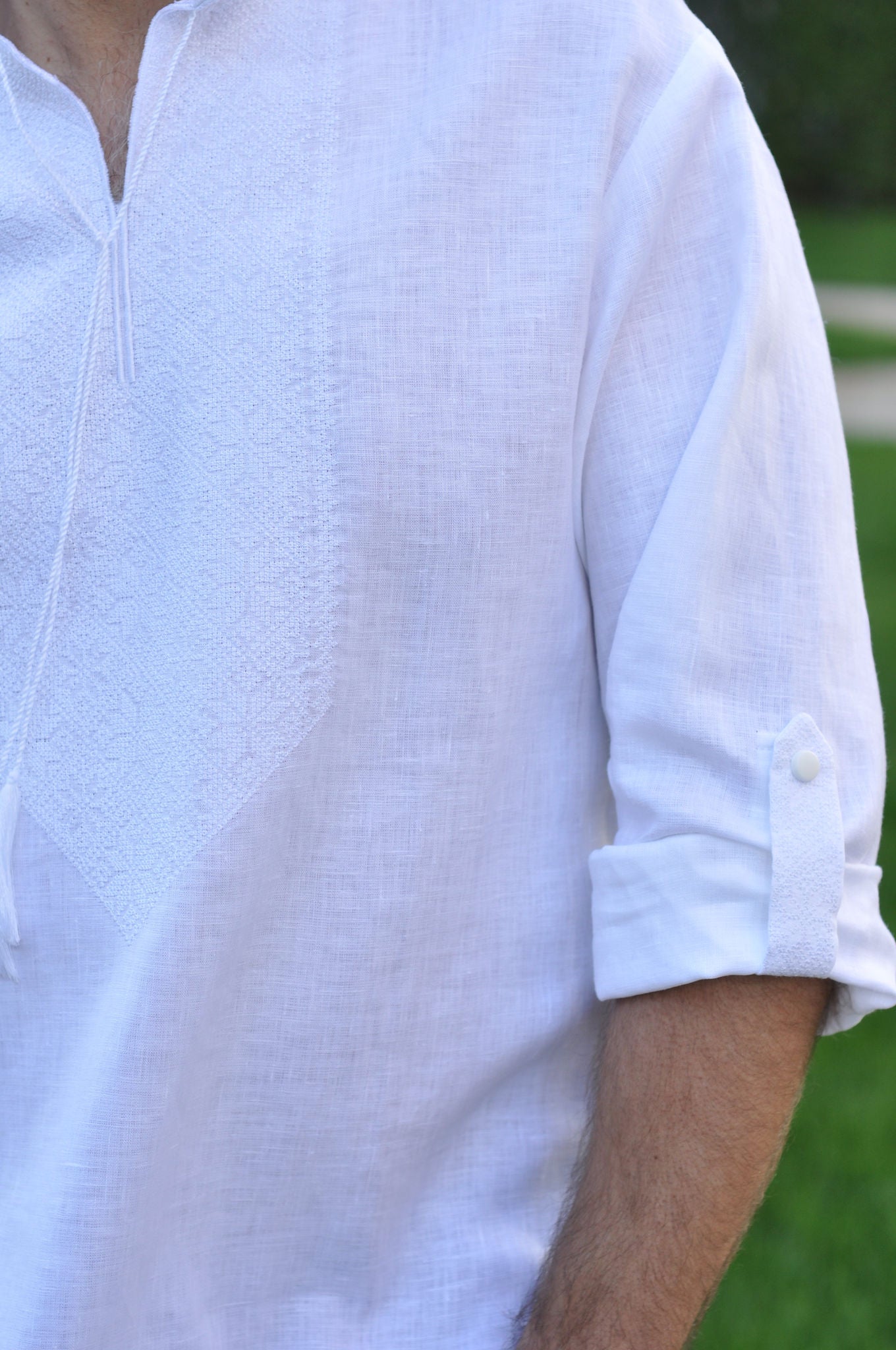 White Men's Linen Vyshyvanka with White-on-White Geometric Embroidery Ornament