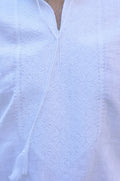 White Men's Linen Vyshyvanka with White-on-White Geometric Embroidery Ornament