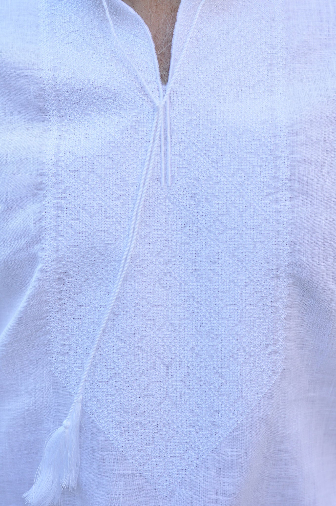 White Men's Linen Vyshyvanka with White-on-White Geometric Embroidery Ornament