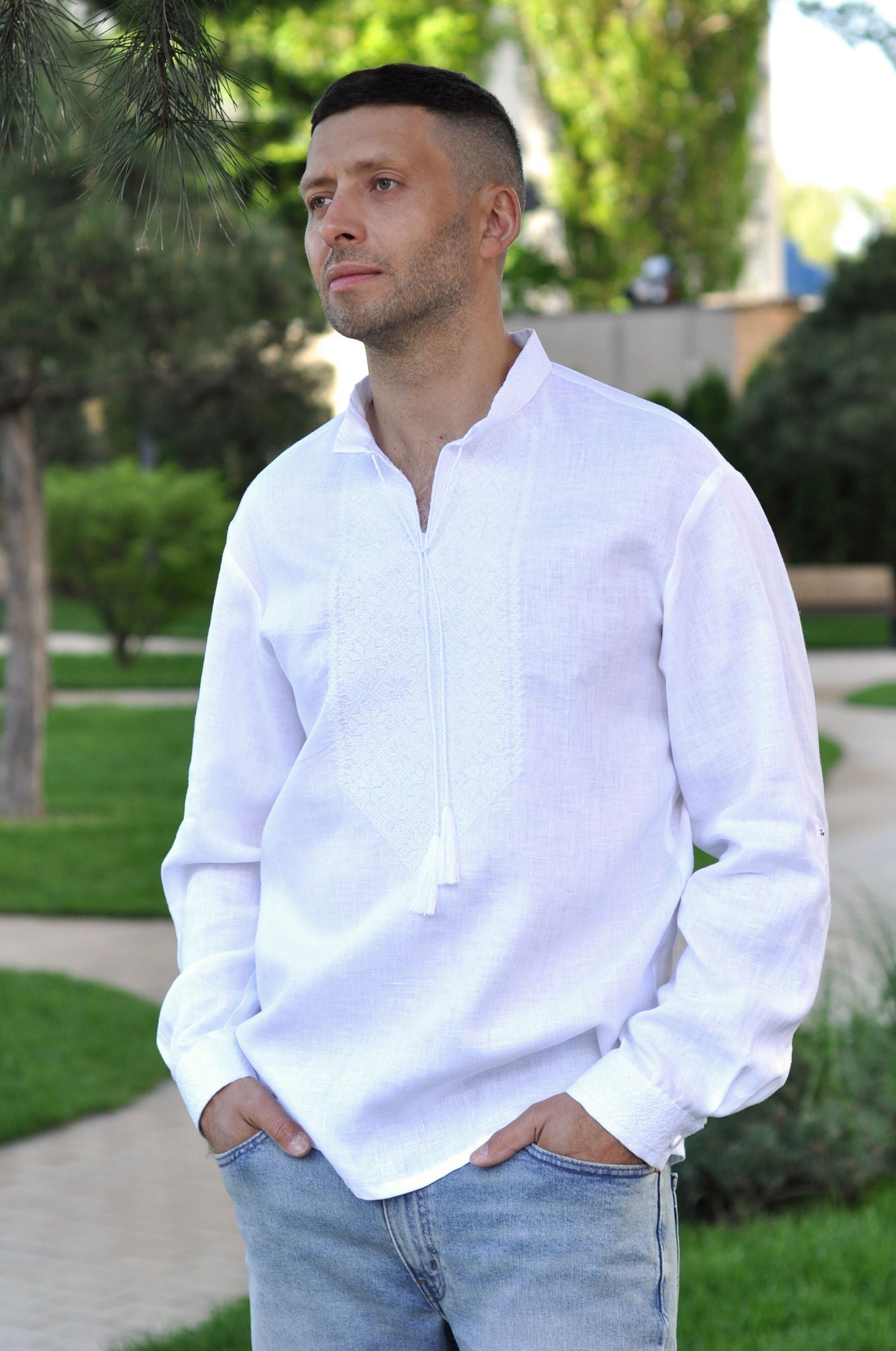 White Men's Linen Vyshyvanka with White-on-White Geometric Embroidery Ornament