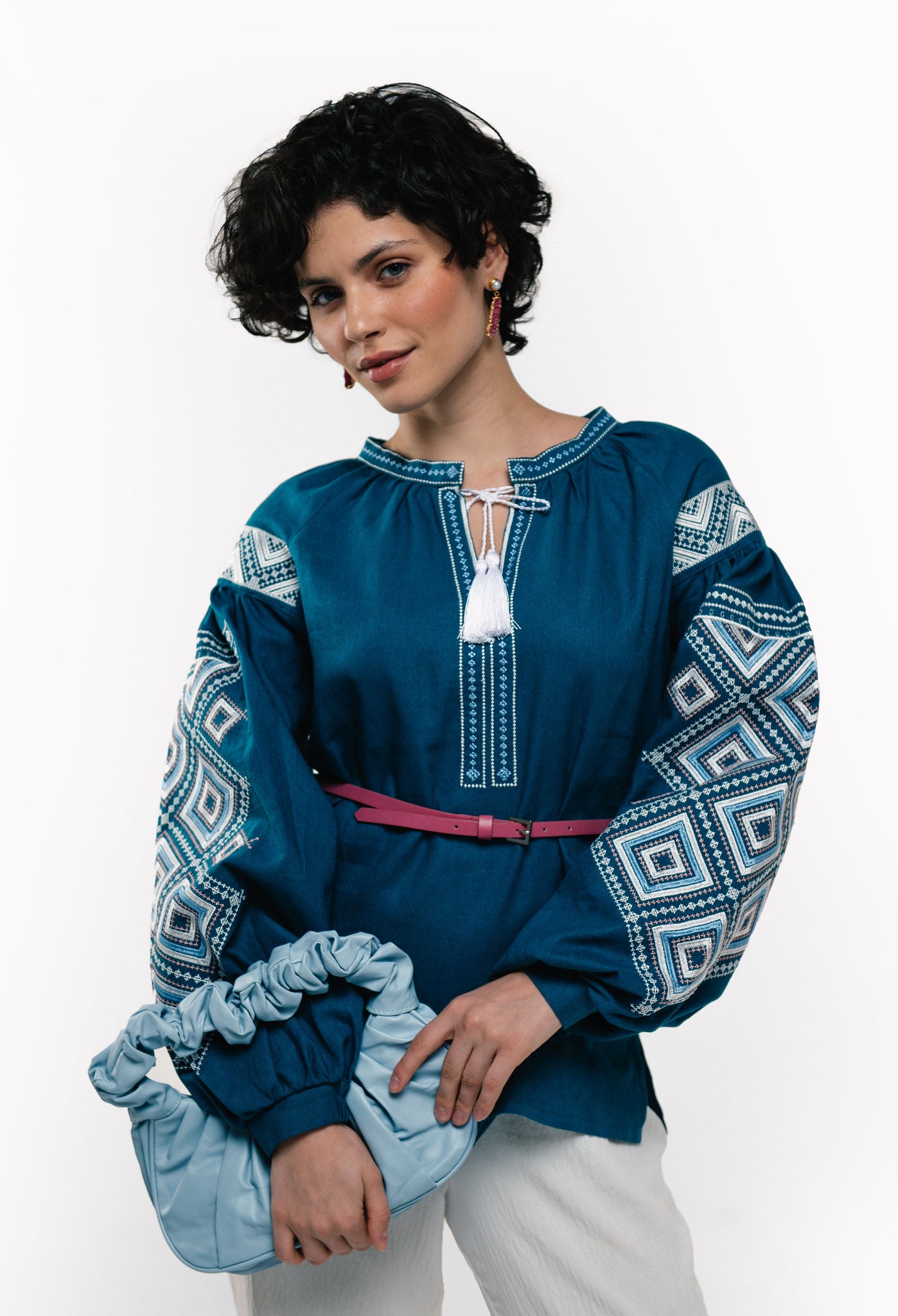 Women's Embroidered Shirt With "Constellation" Ornament In Aquamarine Color Ornament
