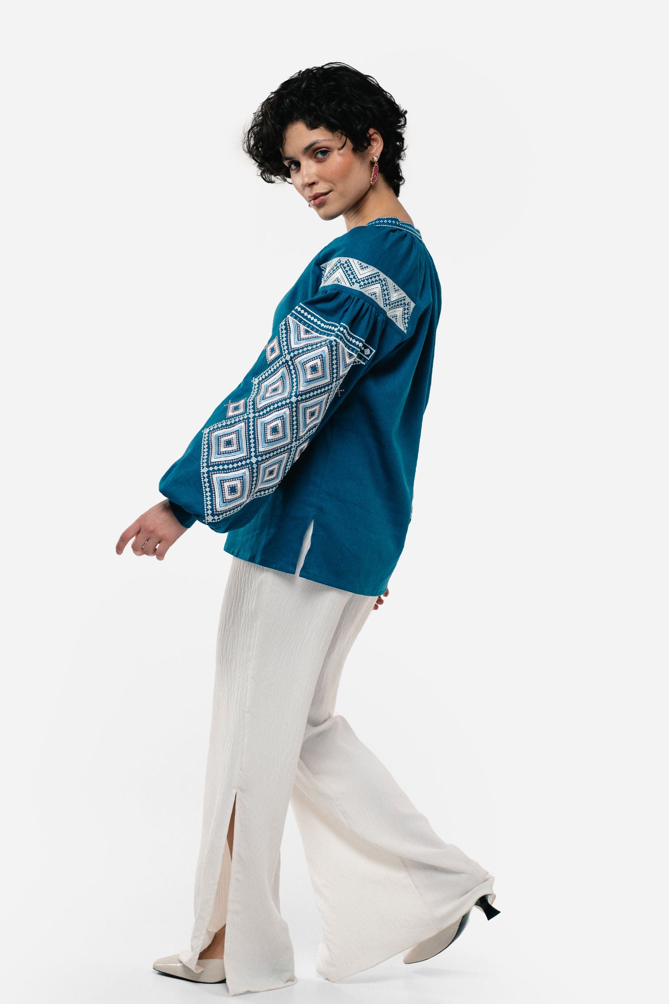 Women's Embroidered Shirt With "Constellation" Ornament In Aquamarine Color Ornament
