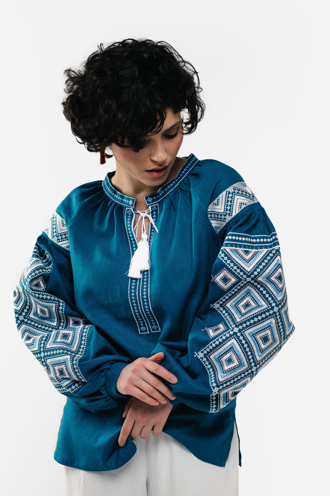 Women's Embroidered Shirt With "Constellation" Ornament In Aquamarine Color Ornament