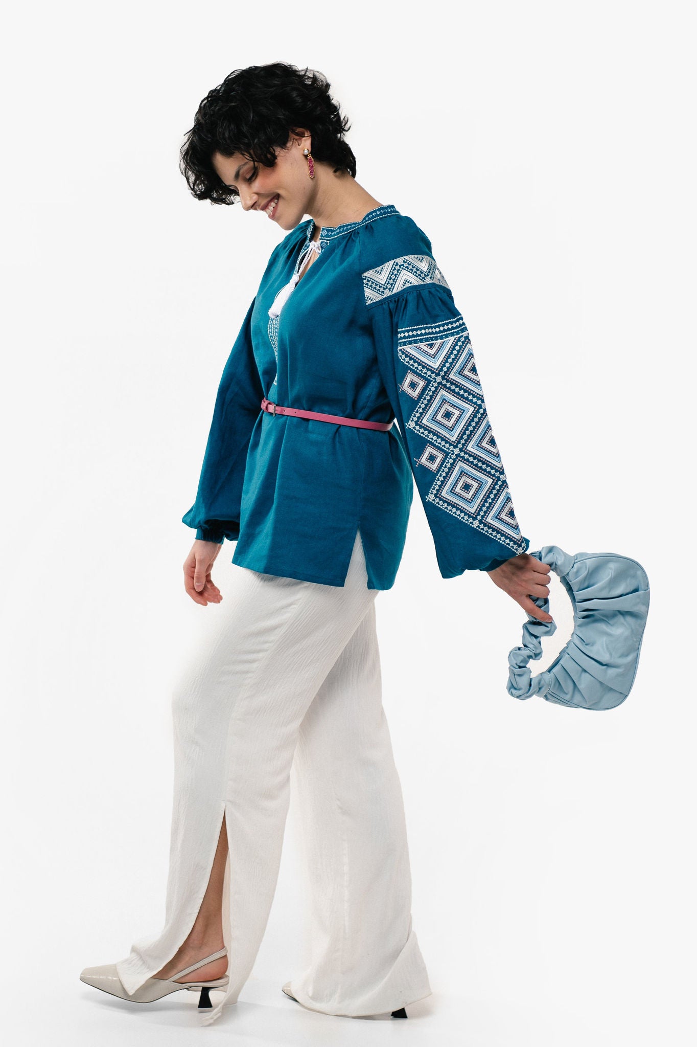 Women's Embroidered Shirt With "Constellation" Ornament In Aquamarine Color Ornament