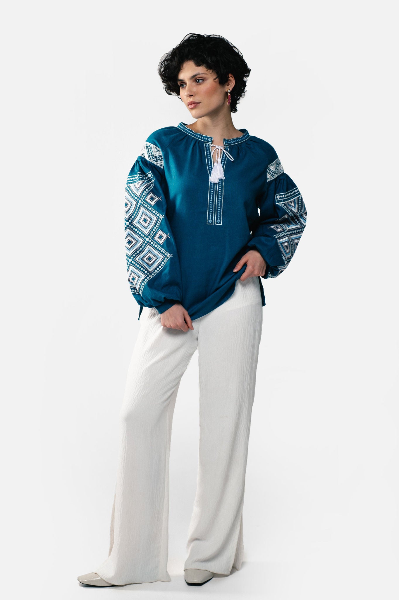 Women's Embroidered Shirt With "Constellation" Ornament In Aquamarine Color Ornament